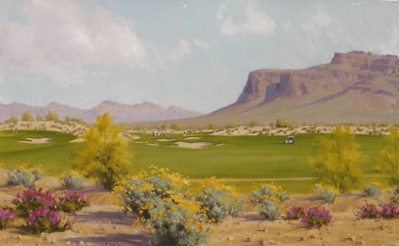 Golf and Superstition Mountain oil painting by Tom Haas
