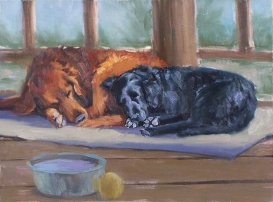 Sam & Weasel Sleeping 18" x 24" oil painting by Tom Haas