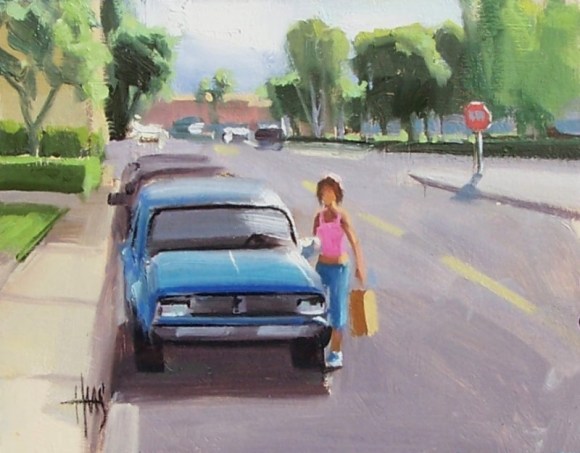 Main Street Shopper 8" x 10" oil painting by Tom Haas