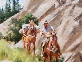 Cowboy horses mule Western oil painting