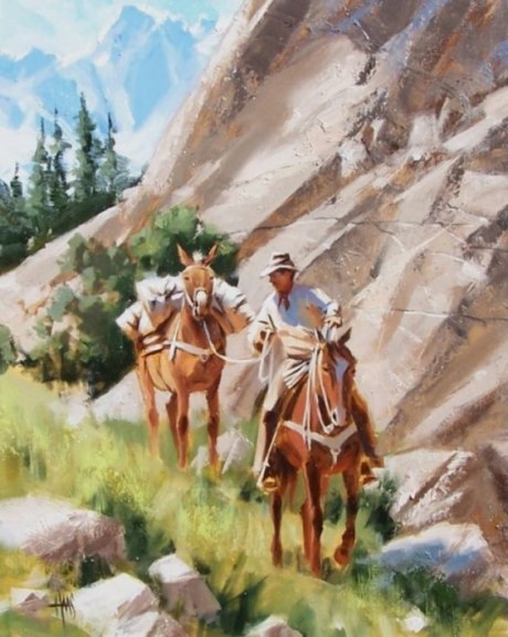 Cowboy horses mule Western oil painting