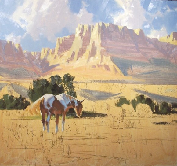 Western pastoral oil painting in progress