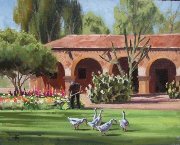 San Juan Capistrano Gardener - California 16" x 20" oil painting by Tom Haas