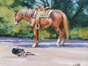 Western Dog Horse Tuckered Out 8" x 10" oil painting by Tom Haas