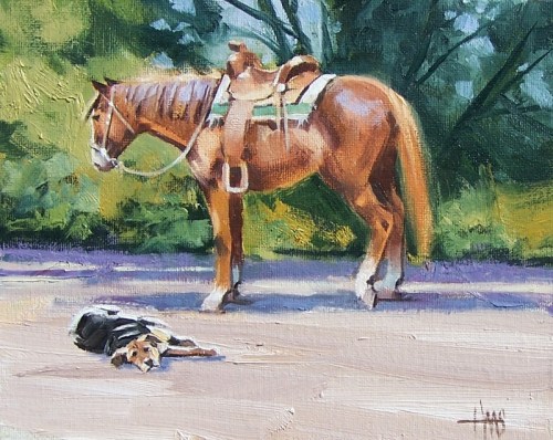 Western Dog Horse Tuckered Out 8" x 10" oil painting by Tom Haas