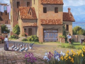 Hillside Village 18" x 36" oil painting by Tom Haas