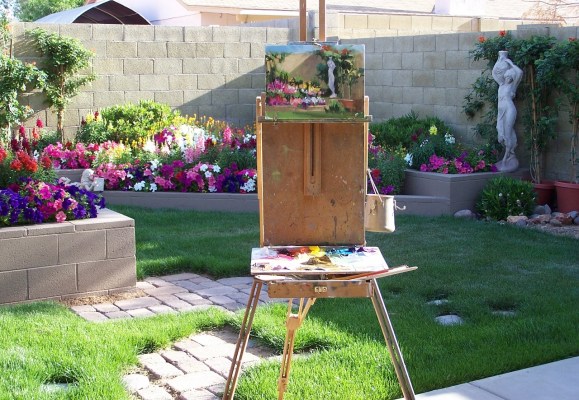 Water Bearer oil painting in process in garden