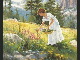 Hillside Flowers 48" x 36" oil painting by Tom Haas - scan of late 1990's postcard - Sold