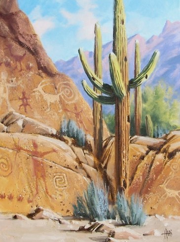 Art Collection 24" x 18" oil painting by Tom Haas petraglyphs saguaro