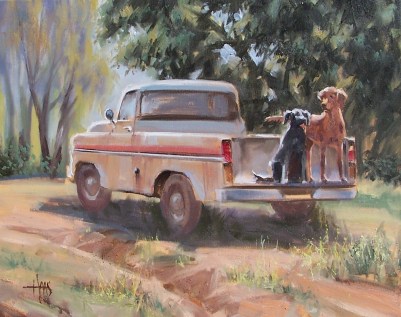 Ready to Go - Sam and Weasel 16" x 20" oil painting by Tom Haas