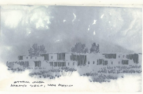 Arroyo Seco New Mexico coffee spilled on felt pen sketch by Tom Haas