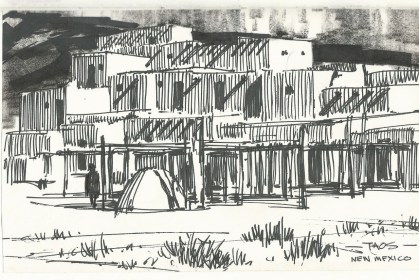 Taos New Mexico ink sketch by Tom Haas