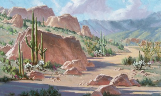 Petroglyph Wash 36" x 60" oil painting by Tom Haas